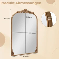Bogen Wandspiegel Goldener traditioneller Vintage-Barockspiegel mit Metallrahmen antiker Bogenspiegel 95 cm x 66 cm