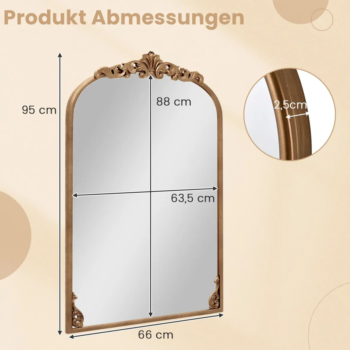 Bogen Wandspiegel Goldener traditioneller Vintage-Barockspiegel mit Metallrahmen antiker Bogenspiegel 95 cm x 66 cm