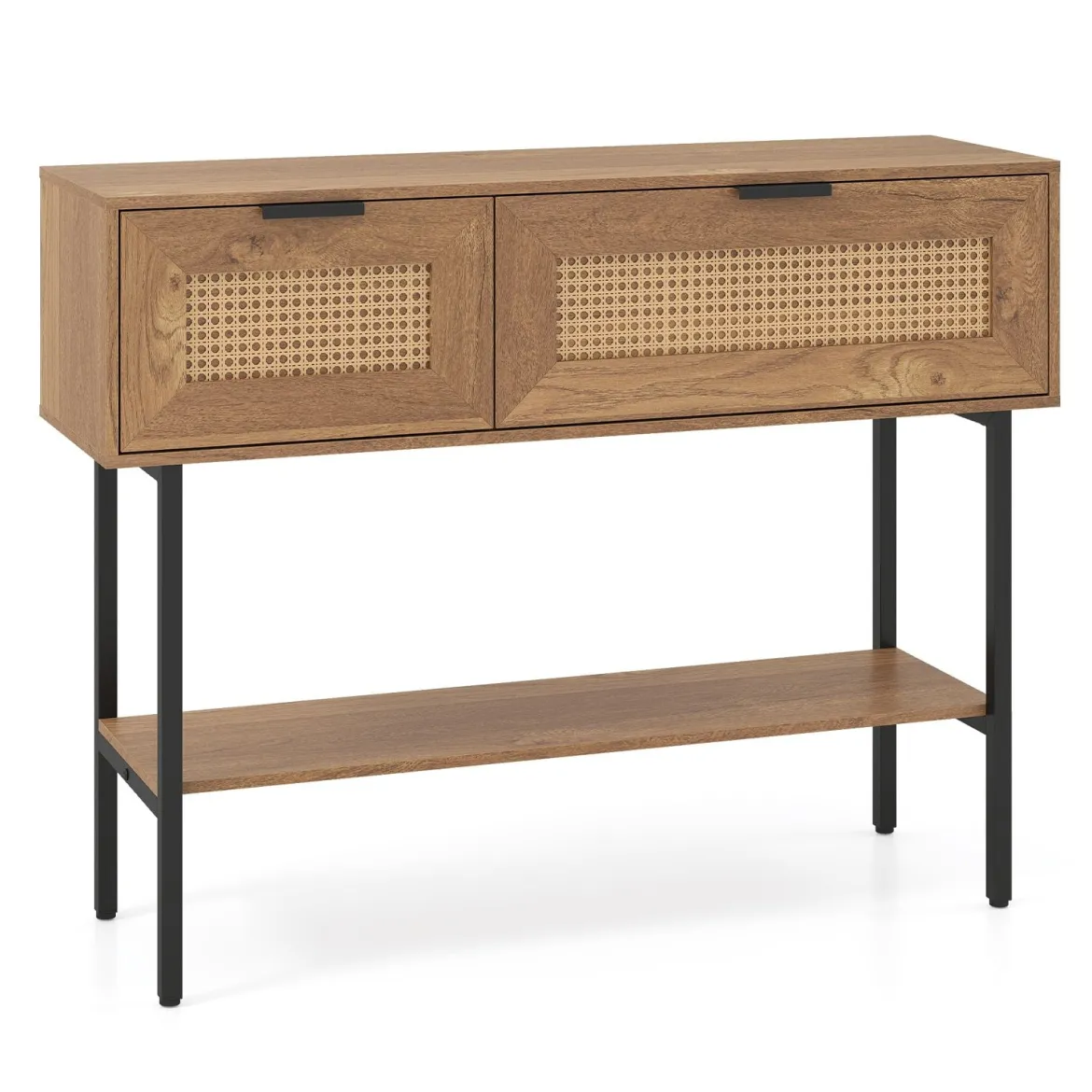 Boho Konsolentisch mit 2 Fächern & Offene Ablage Schmaler Flurtisch Blastbar bis 90 kg Natur