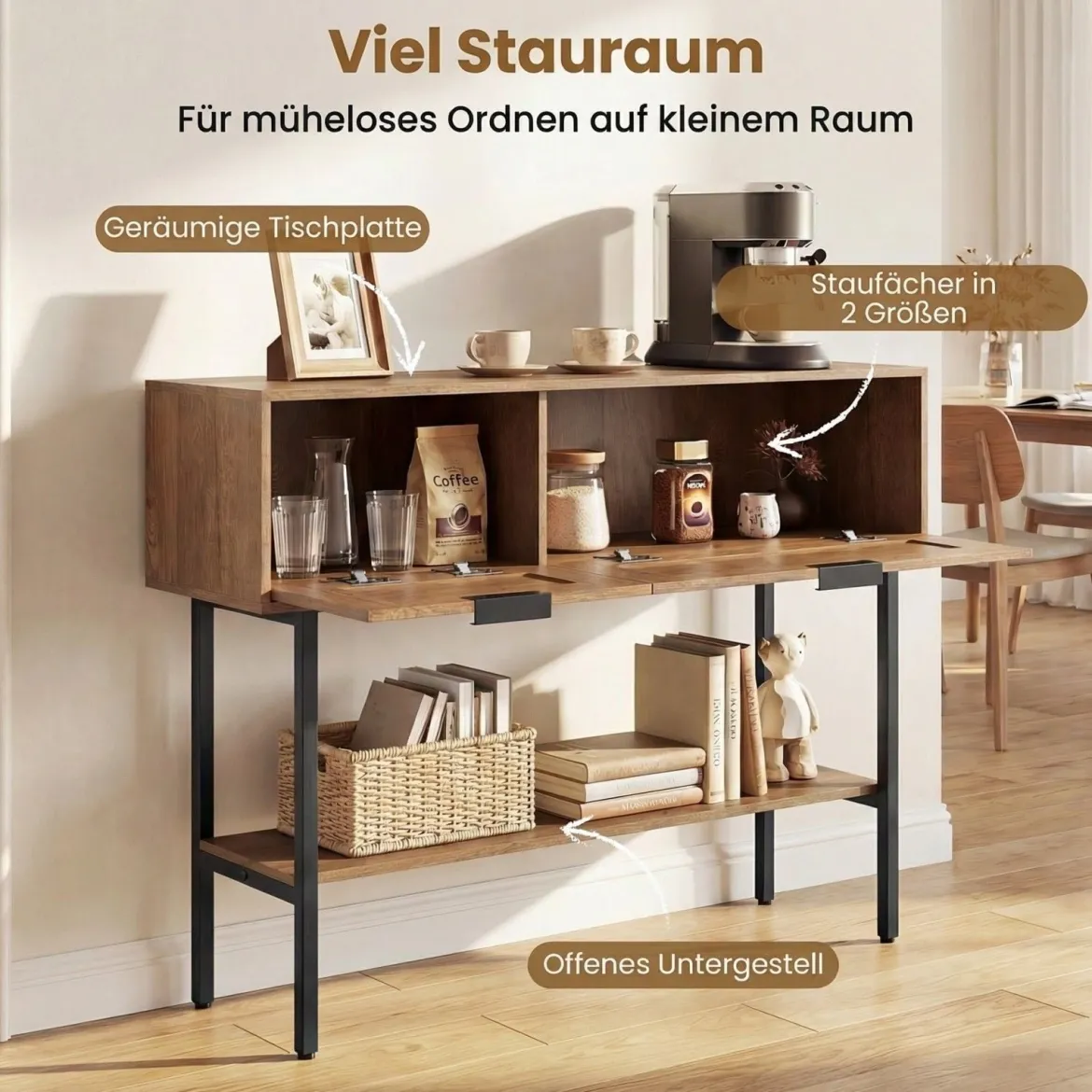 Boho Konsolentisch mit 2 Fächern & Offene Ablage Schmaler Flurtisch Blastbar bis 90 kg Natur