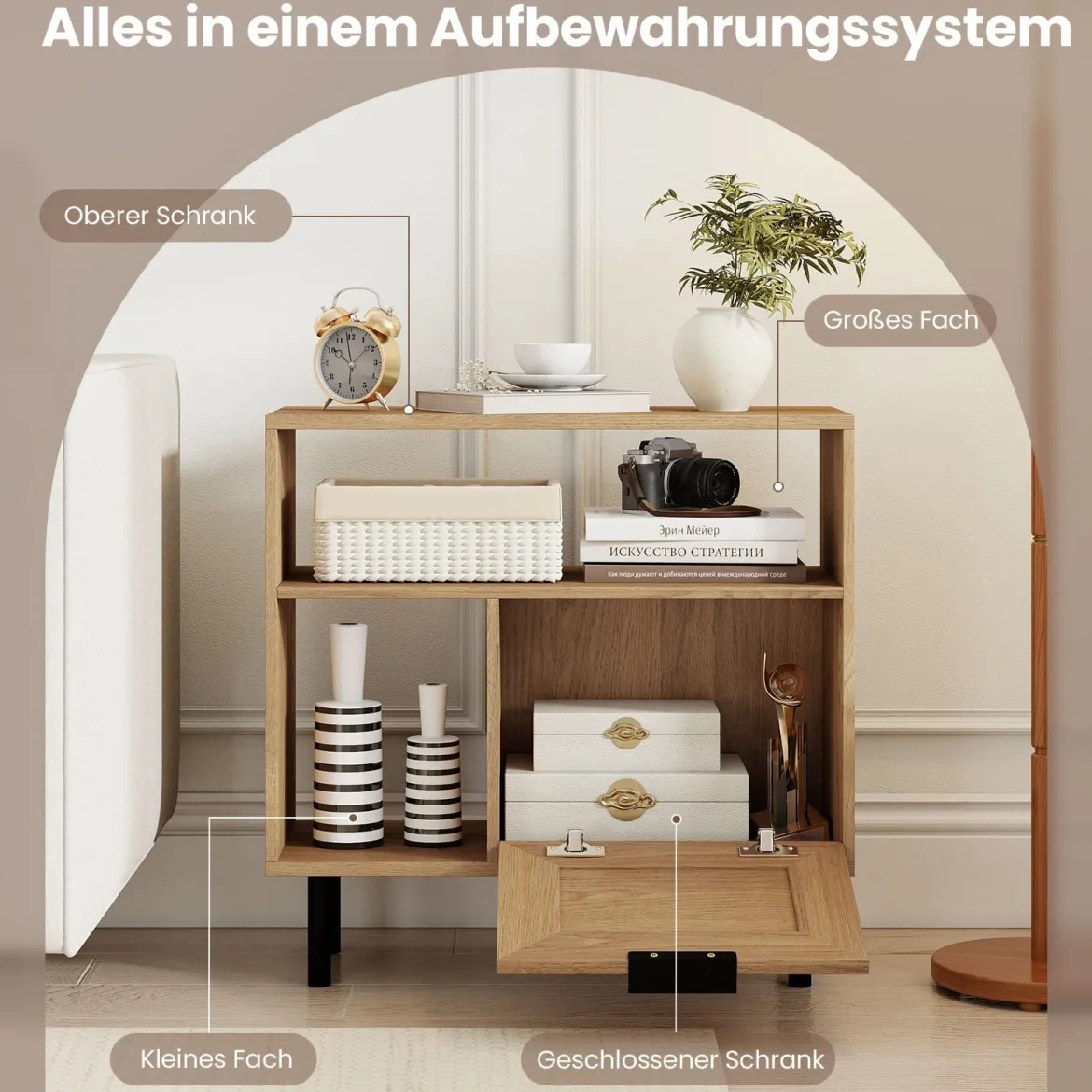 Boho Rattan Nachttisch Akzent-Beistelltisch mit Ablagefach Schrank & Metallbeinen Rustikaler Nachttisch Natur