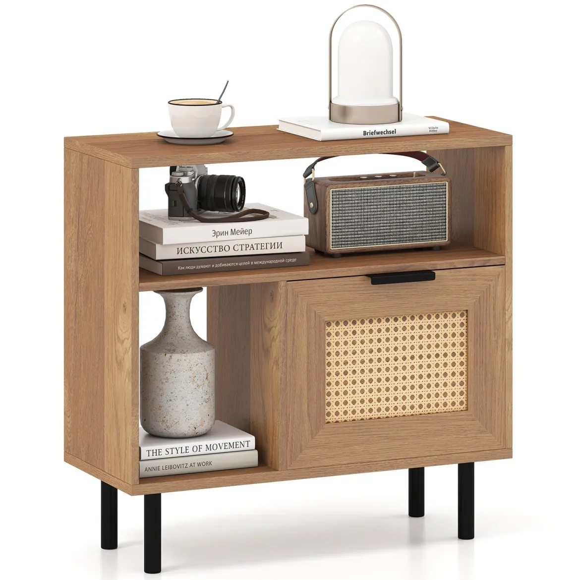 Boho Rattan Nachttisch Akzent-Beistelltisch mit Ablagefach Schrank & Metallbeinen Rustikaler Nachttisch Natur