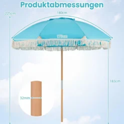 Boho Sonnenschirm Beidseitig um 30° Knickbar 170 cm Gartenschirm mit Fransen Balkonschirm Blau/Grün