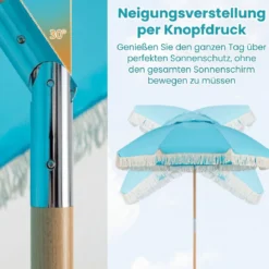 Boho Sonnenschirm Beidseitig um 30° Knickbar 170 cm Gartenschirm mit Fransen Balkonschirm Blau/Grün