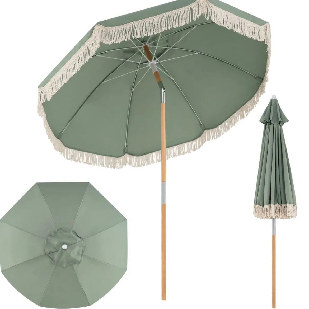 Boho Sonnenschirm Beidseitig um 30° Knickbar 170 cm Gartenschirm mit Fransen Balkonschirm Blau/Grün