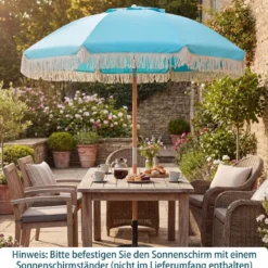Boho Sonnenschirm Beidseitig um 30° Knickbar 170 cm Gartenschirm mit Fransen Balkonschirm Blau/Grün