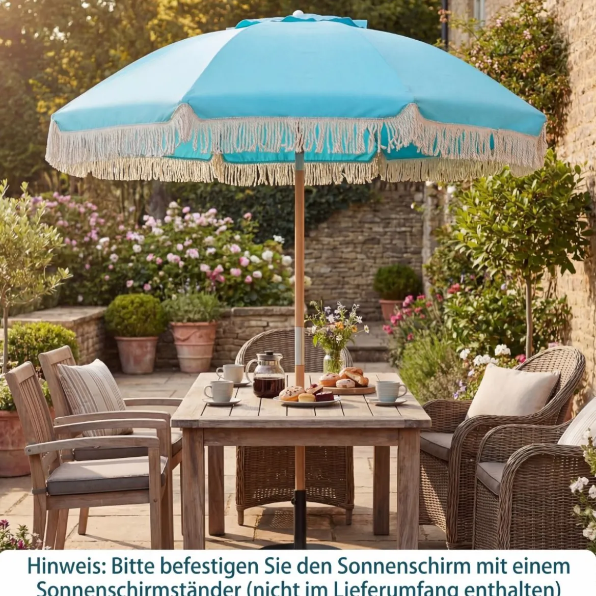Boho Sonnenschirm Beidseitig um 30° Knickbar 170 cm Gartenschirm mit Fransen Balkonschirm Blau/Grün