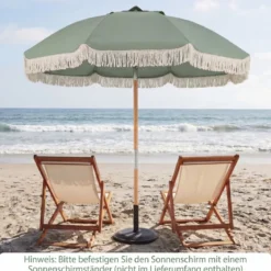 Boho Sonnenschirm Beidseitig um 30° Knickbar 170 cm Gartenschirm mit Fransen Balkonschirm Blau/Grün