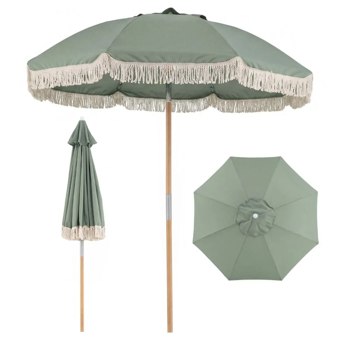 Boho Sonnenschirm Beidseitig um 30° Knickbar 170 cm Gartenschirm mit Fransen Balkonschirm Blau/Grün