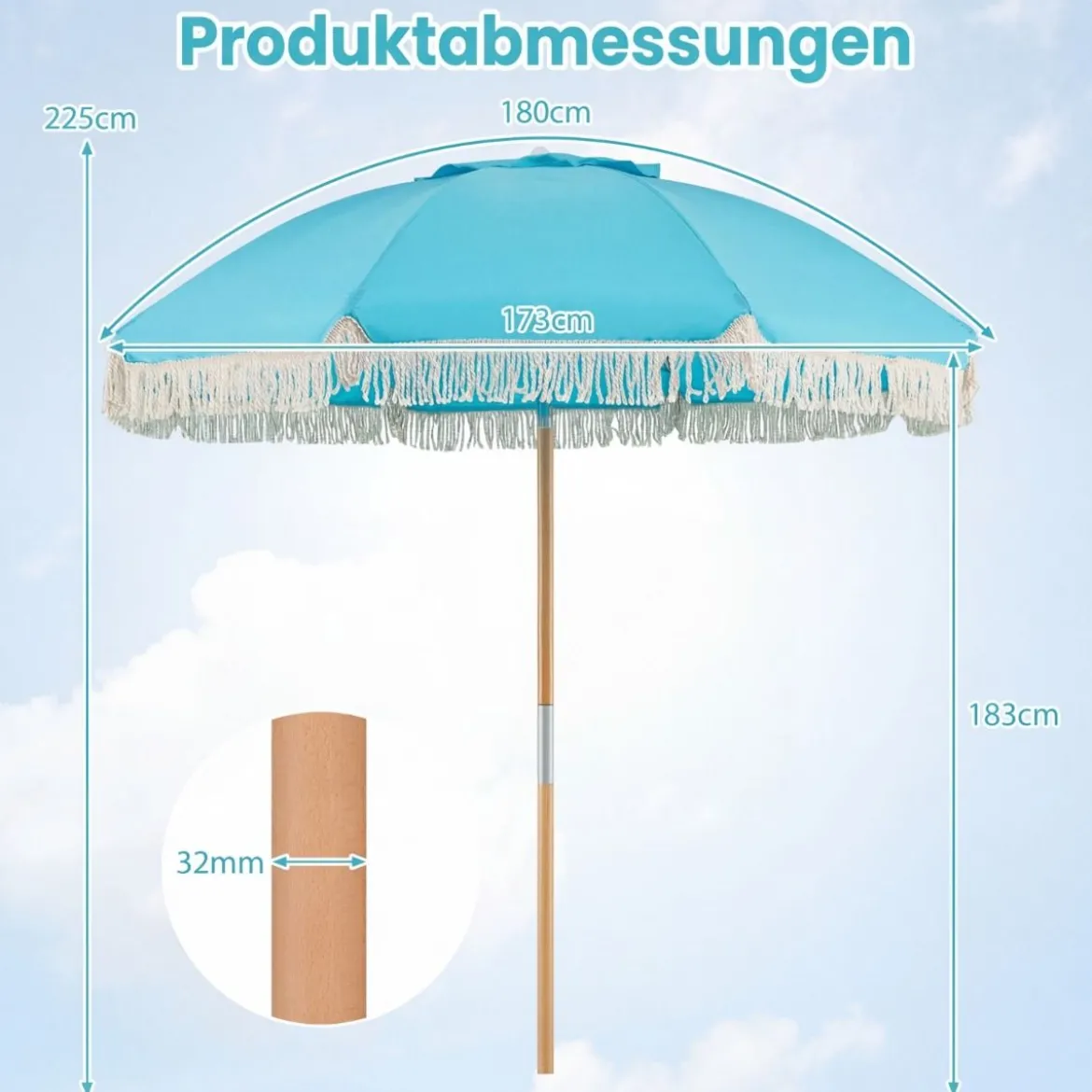 Boho Sonnenschirm Beidseitig um 30° Knickbar 170 cm Gartenschirm mit Fransen Balkonschirm Blau/Grün