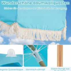 Boho Sonnenschirm Beidseitig um 30° Knickbar 170 cm Gartenschirm mit Fransen Balkonschirm Blau/Grün