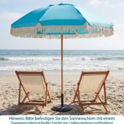 Boho Sonnenschirm Beidseitig um 30° Knickbar 170 cm Gartenschirm mit Fransen Balkonschirm Blau/Grün