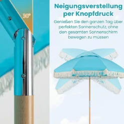 Boho Sonnenschirm Beidseitig um 30° Knickbar 170 cm Gartenschirm mit Fransen Balkonschirm Blau/Grün