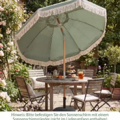 Boho Sonnenschirm Beidseitig um 30° Knickbar 170 cm Gartenschirm mit Fransen Balkonschirm Blau/Grün