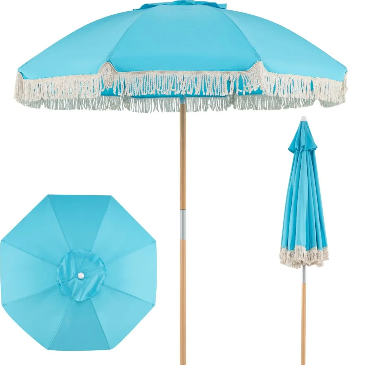Boho Sonnenschirm Beidseitig um 30° Knickbar 170 cm Gartenschirm mit Fransen Balkonschirm Blau/Grün