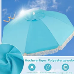 Boho Sonnenschirm Beidseitig um 30° Knickbar 170 cm Gartenschirm mit Fransen Balkonschirm Blau/Grün