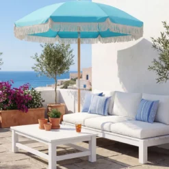 Boho Sonnenschirm Beidseitig um 30° Knickbar 170 cm Gartenschirm mit Fransen Balkonschirm Blau/Grün