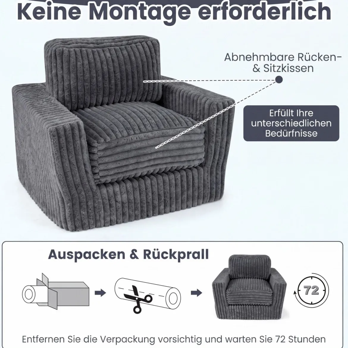 Boneless Einzelsofa aus Cord & Schaumstoff Einzelsessel mit Abnehmbarem Bezug & Rutschfester Unterseite