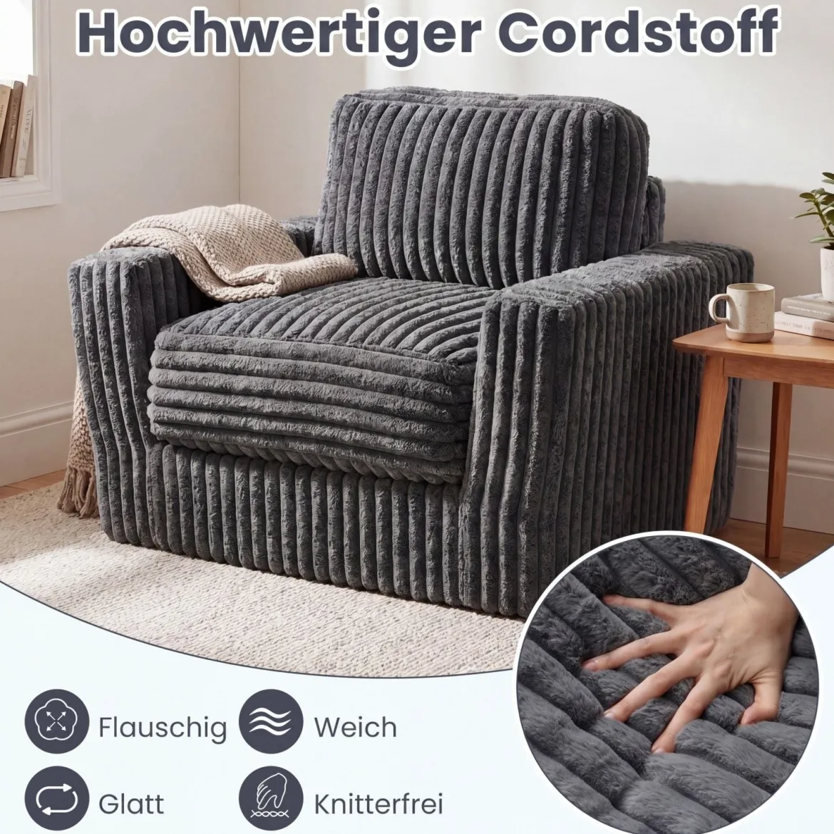 Boneless Einzelsofa aus Cord & Schaumstoff Einzelsessel mit Abnehmbarem Bezug & Rutschfester Unterseite