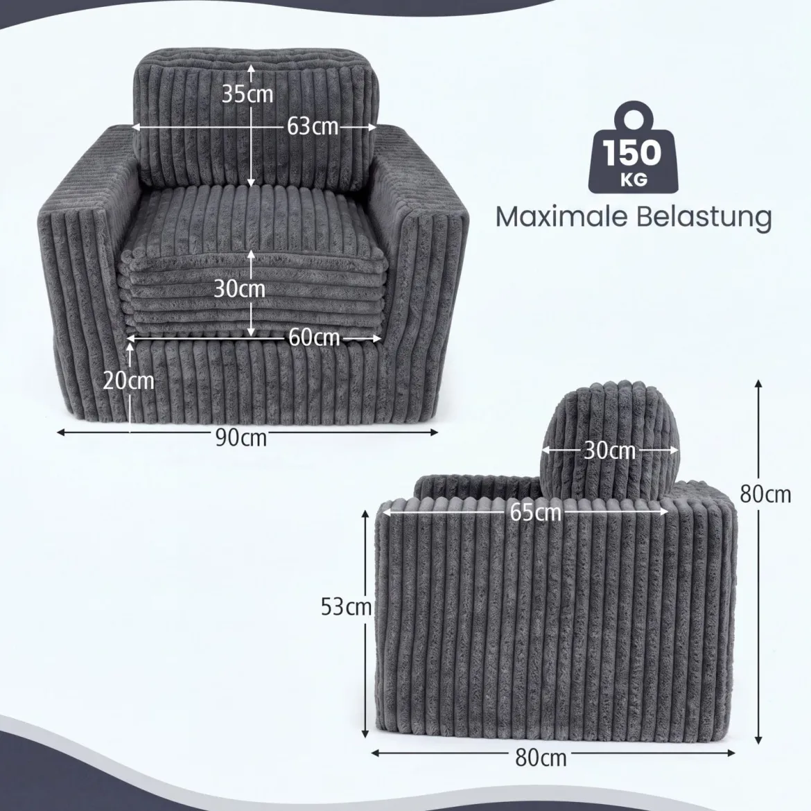 Boneless Einzelsofa aus Cord & Schaumstoff Einzelsessel mit Abnehmbarem Bezug & Rutschfester Unterseite