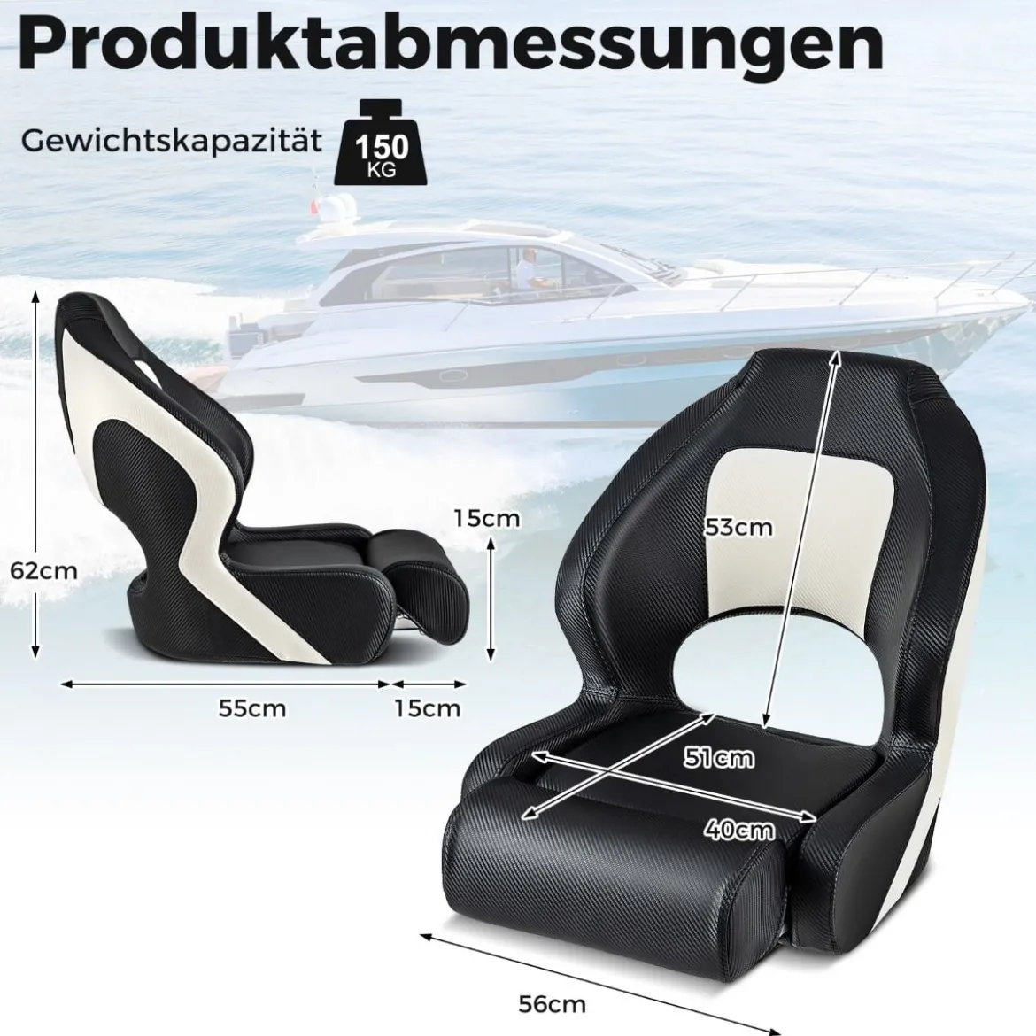 Bootsstuhl mit Hochklappbarer Nackenrolle & Wasserfestem PVC-Lederbezug Steuerstuhl