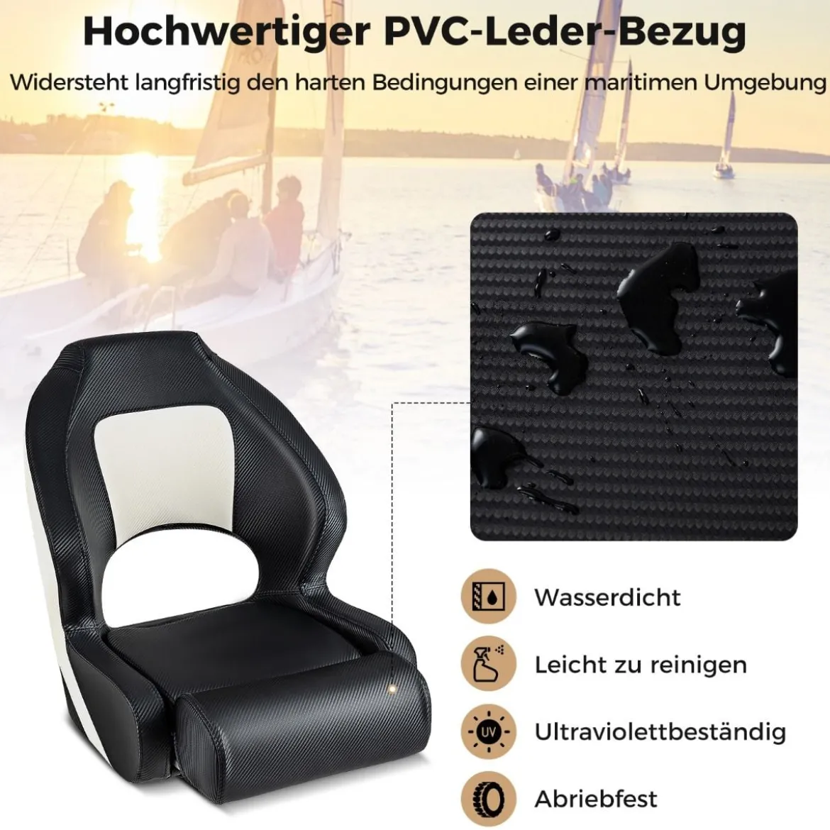Bootsstuhl mit Hochklappbarer Nackenrolle & Wasserfestem PVC-Lederbezug Steuerstuhl