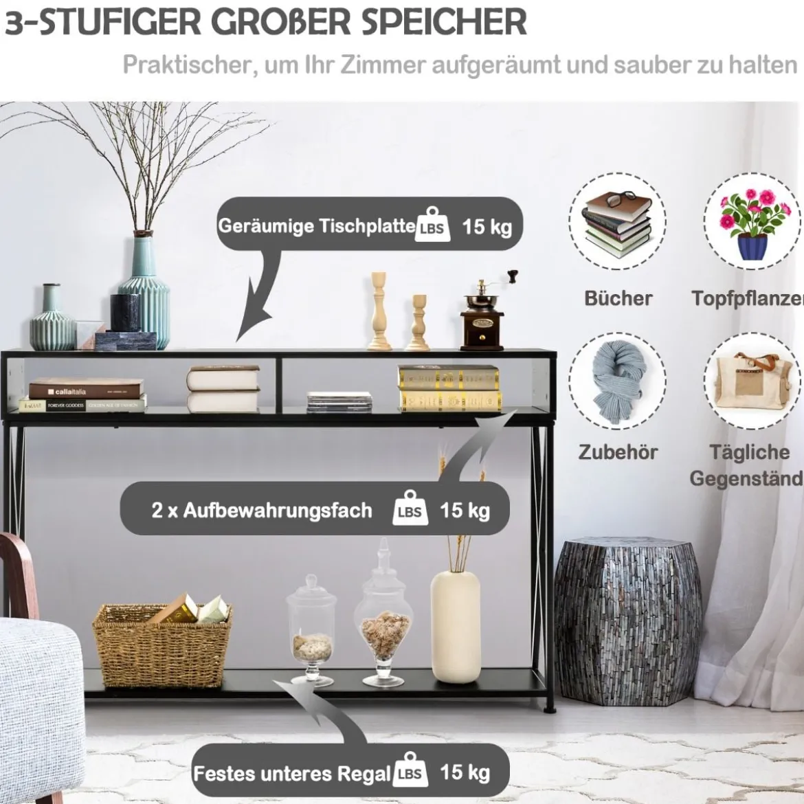 Brauner/Schwarzer/Weißer Konsolentisch mit Offenem Regalund Stahlrahmen 120 x 23 x 79 cm