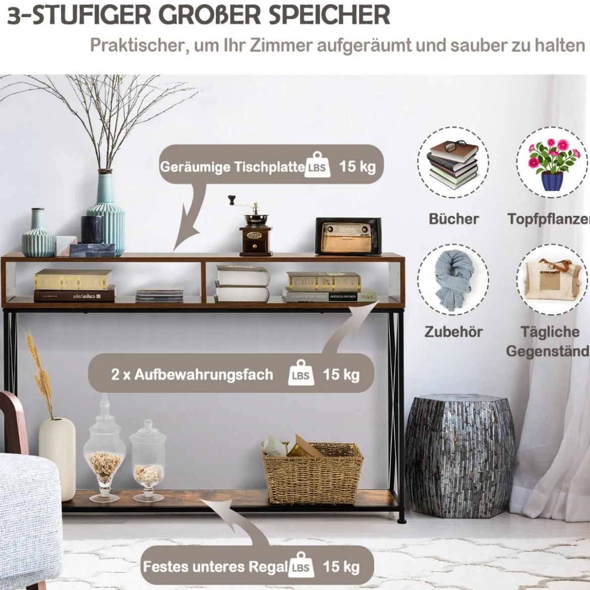 Brauner/Schwarzer/Weißer Konsolentisch mit Offenem Regalund Stahlrahmen 120 x 23 x 79 cm