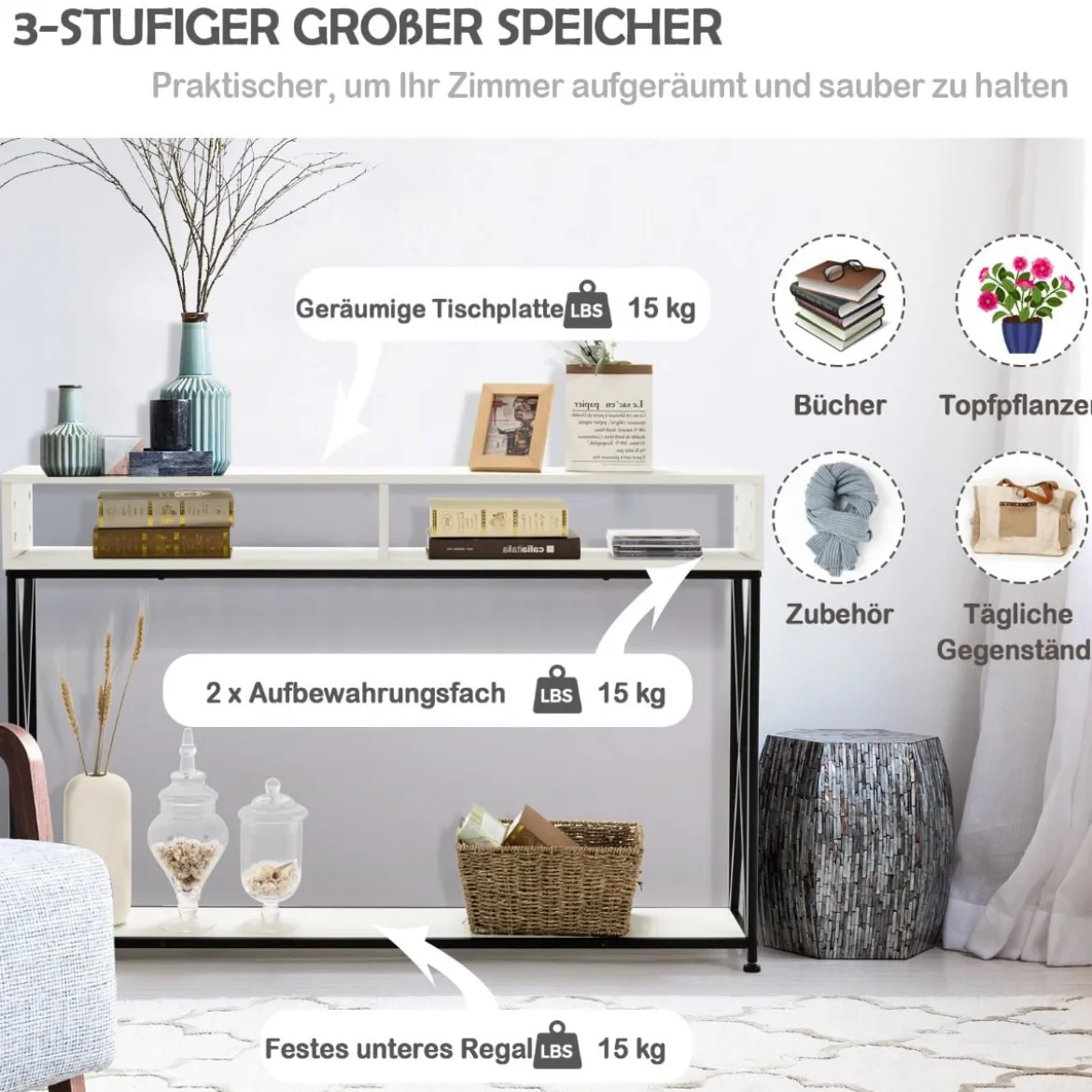 Brauner/Schwarzer/Weißer Konsolentisch mit Offenem Regalund Stahlrahmen 120 x 23 x 79 cm