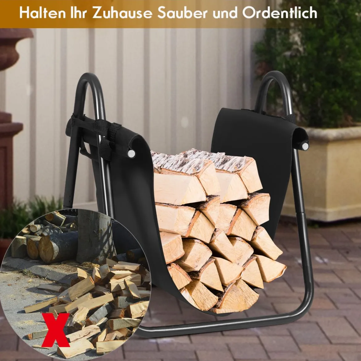 Brennholzregal mit Segeltuch-Tragetasche Kaminholzhalter mit Robustem Metallrahmen Schwarz
