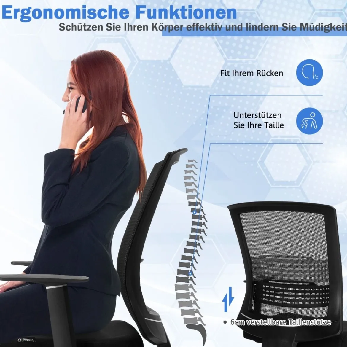 Bürodrehstuhl Ergonomischer Bürostuhl mit Lendenwirbelstütze 71 x 71 x 91-101 cm Schwarz
