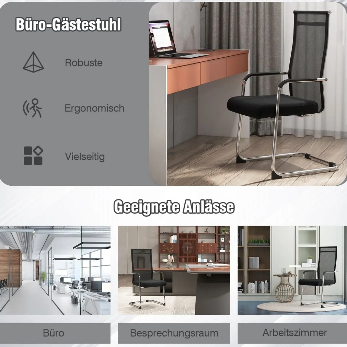 Büro-Gästestühle im 2er-Set Konferenzstuhl für Besprechungsräume mit Metall-Kufenfuß 55 x 64 x 108 cm Schwarz