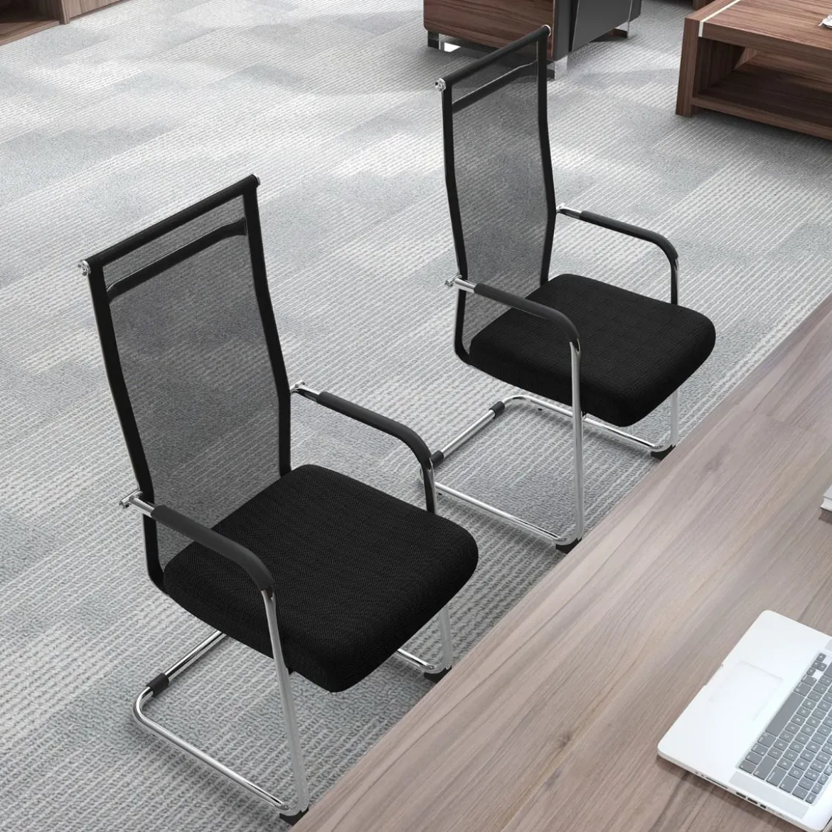 Büro-Gästestühle im 2er-Set Konferenzstuhl für Besprechungsräume mit Metall-Kufenfuß 55 x 64 x 108 cm Schwarz