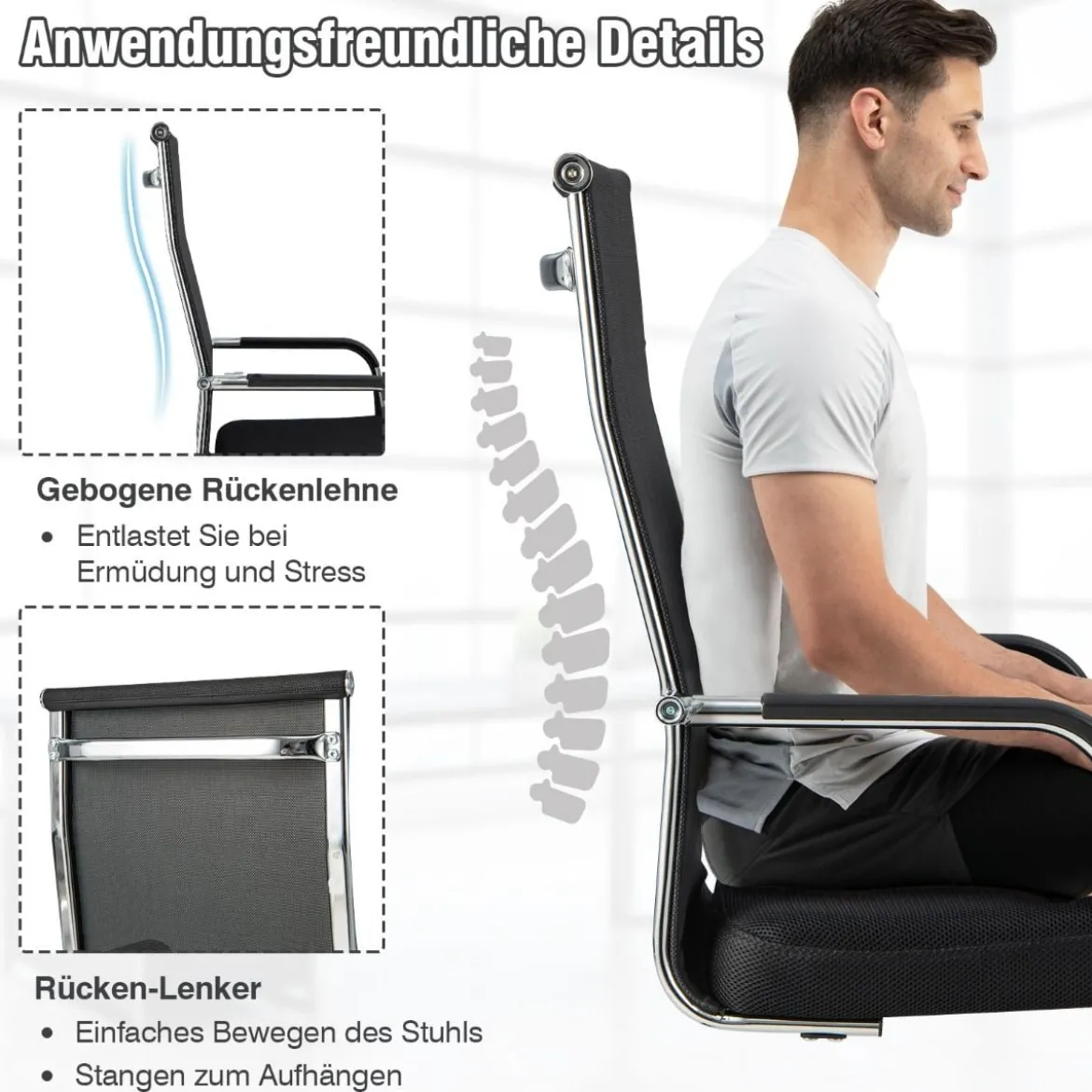 Büro-Gästestühle im 2er-Set Konferenzstuhl für Besprechungsräume mit Metall-Kufenfuß 55 x 64 x 108 cm Schwarz