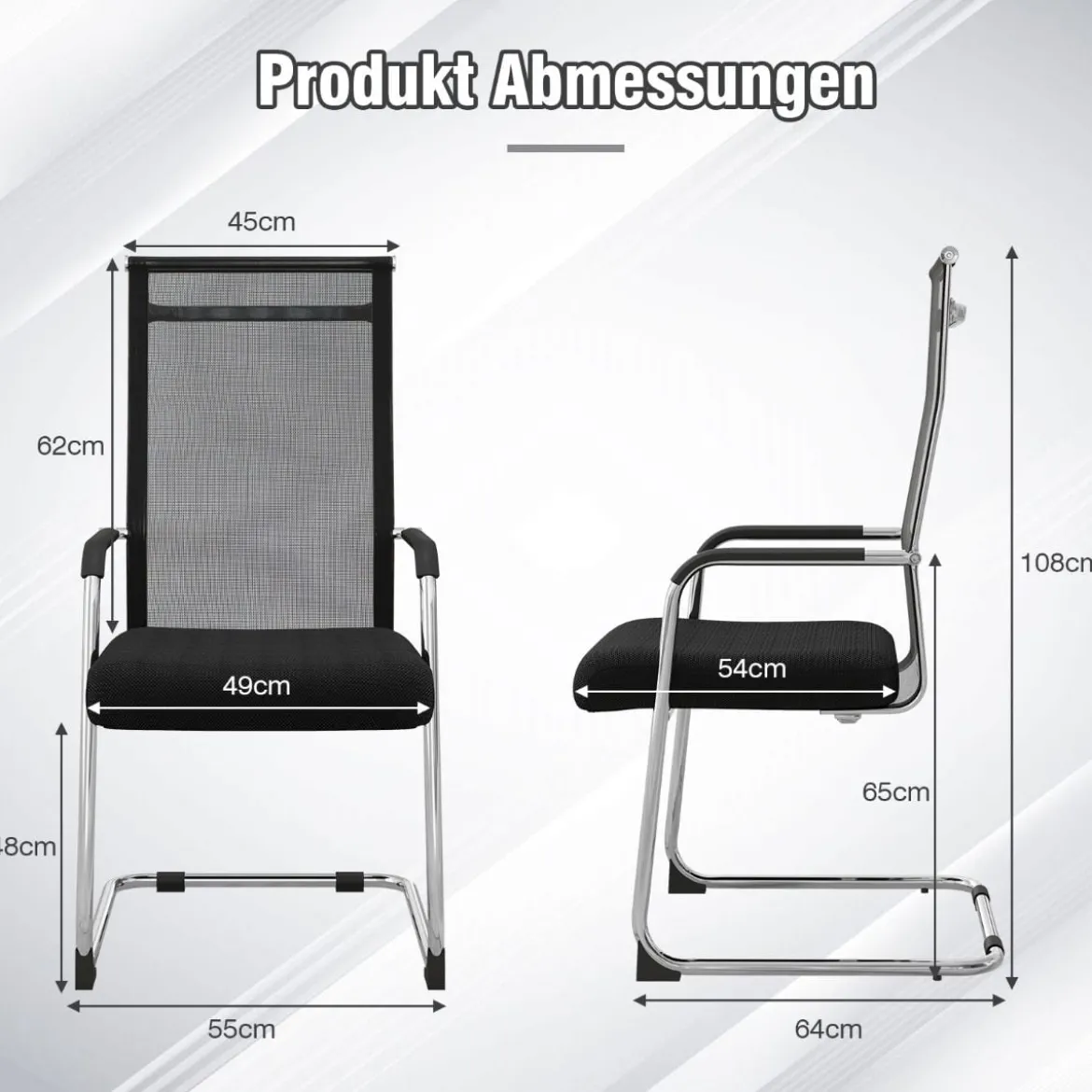Büro-Gästestühle im 2er-Set Konferenzstuhl für Besprechungsräume mit Metall-Kufenfuß 55 x 64 x 108 cm Schwarz