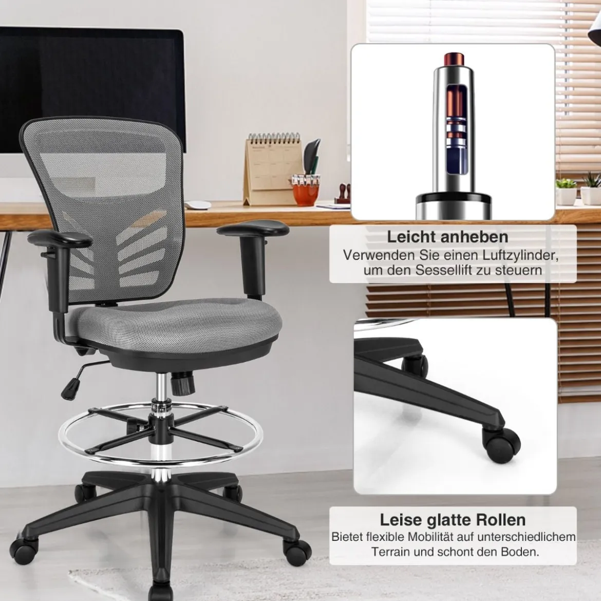 Bürostuhl Drehstuhl mit Rollen Höhenverstellbarer Stuhl mit ußstütze 67 x 67 x 105 - 125,5 cm Schwarz