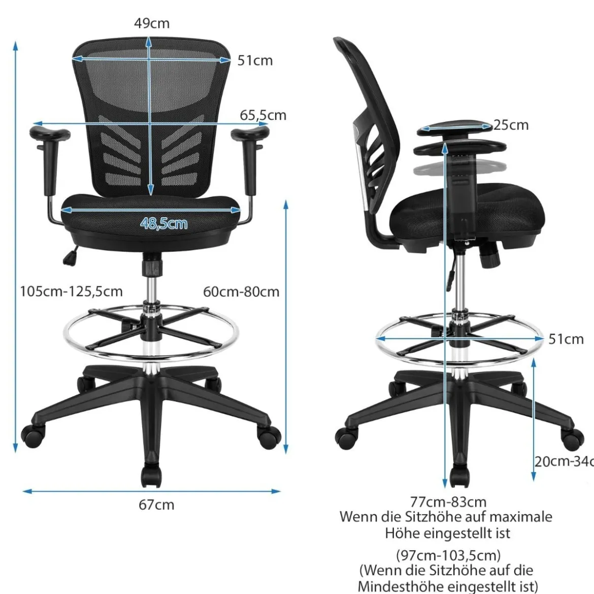 Bürostuhl Drehstuhl mit Rollen Höhenverstellbarer Stuhl mit ußstütze 67 x 67 x 105 - 125,5 cm Schwarz