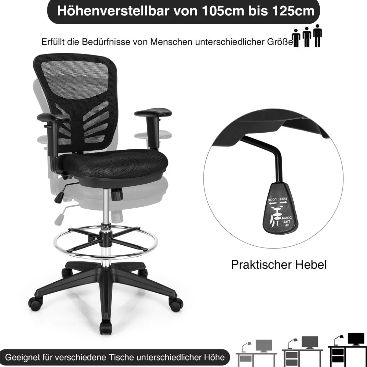 Bürostuhl Drehstuhl mit Rollen Höhenverstellbarer Stuhl mit ußstütze 67 x 67 x 105 - 125,5 cm Schwarz