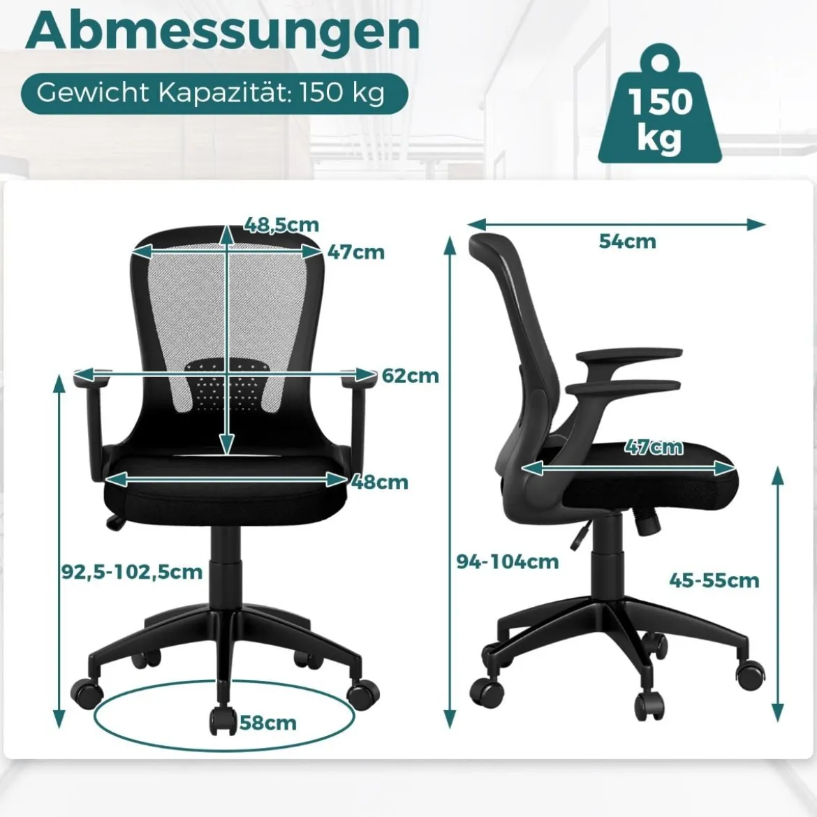 Bürostuhl ergonomischer Drehstuhl mit hochklappbaren Armlehnen & Lendenstütze