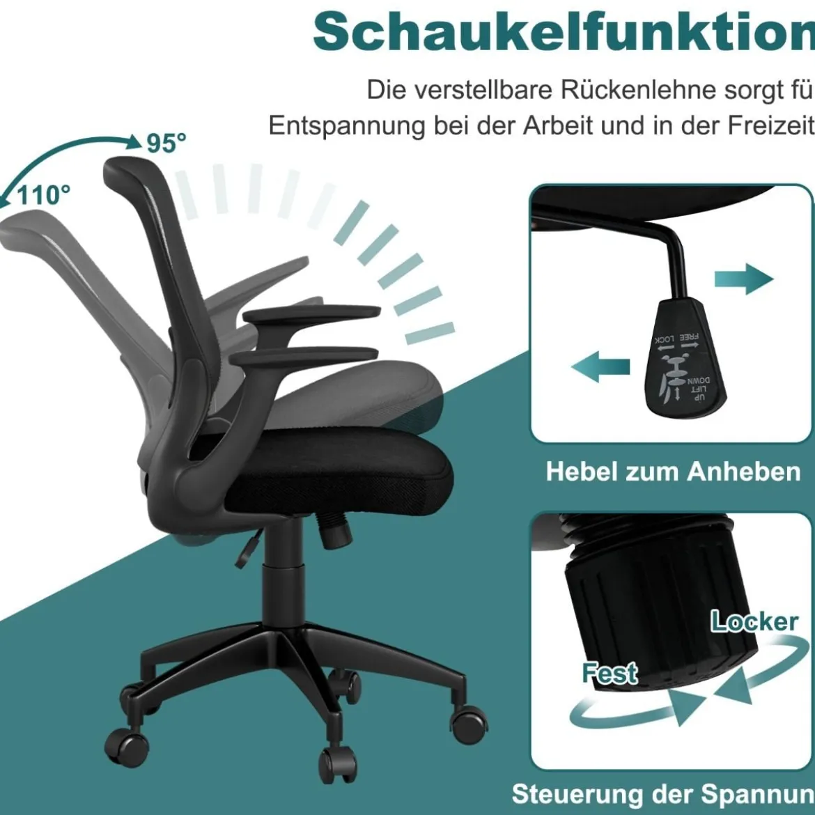 Bürostuhl ergonomischer Drehstuhl mit hochklappbaren Armlehnen & Lendenstütze