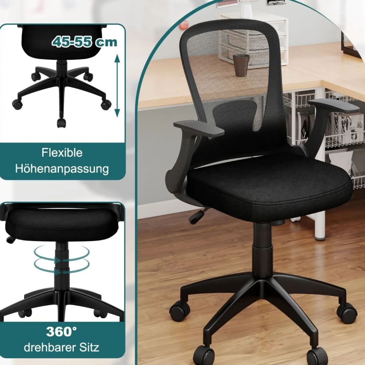 Bürostuhl ergonomischer Drehstuhl mit hochklappbaren Armlehnen & Lendenstütze