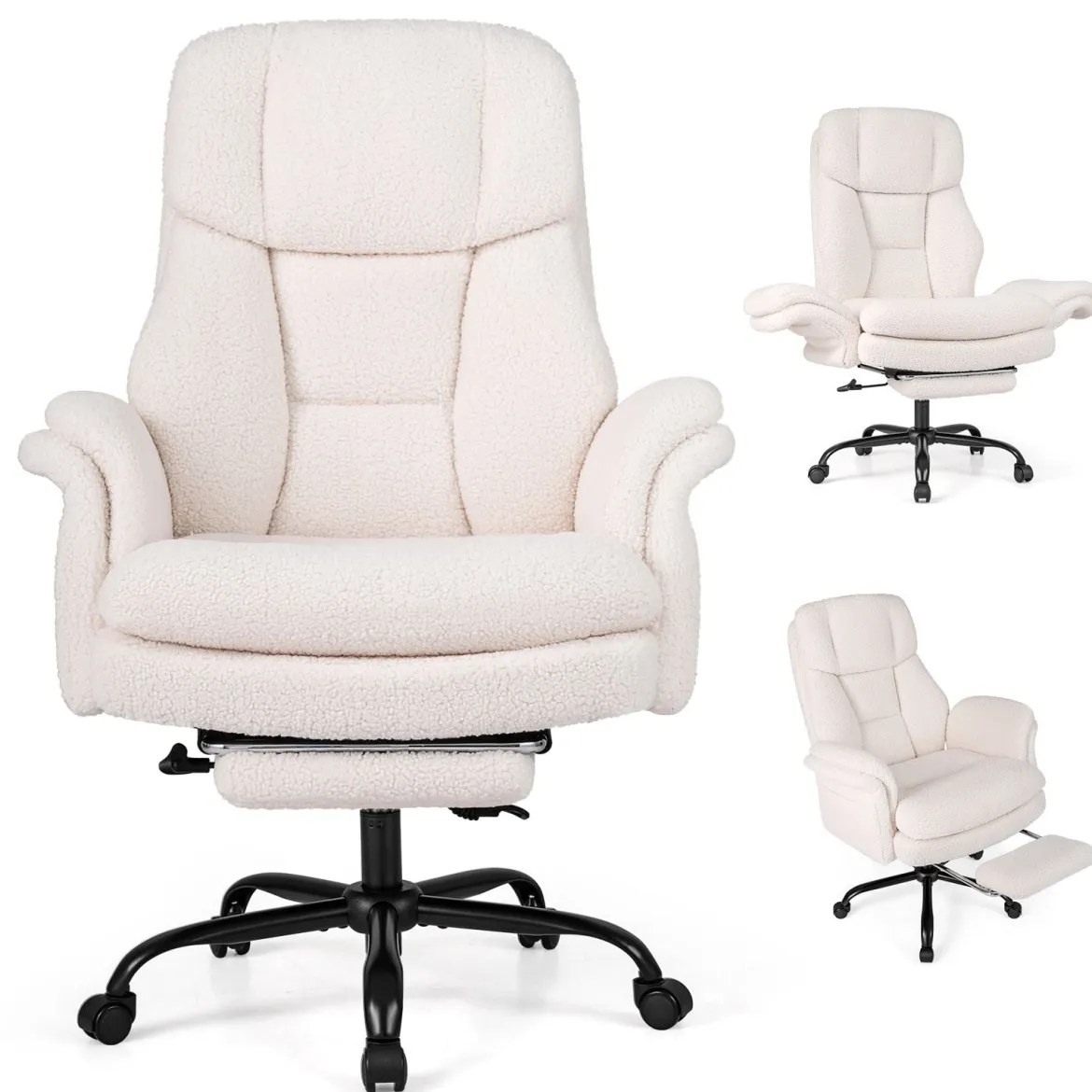 Bürostuhl Ergonomisch Höhenverstellbarer Chefsessel mit 5 Rollen & Ausziehbarer Fußstütze Weiß