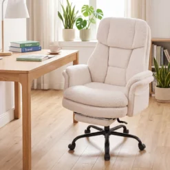 Bürostuhl Ergonomisch Höhenverstellbarer Chefsessel mit 5 Rollen & Ausziehbarer Fußstütze Weiß