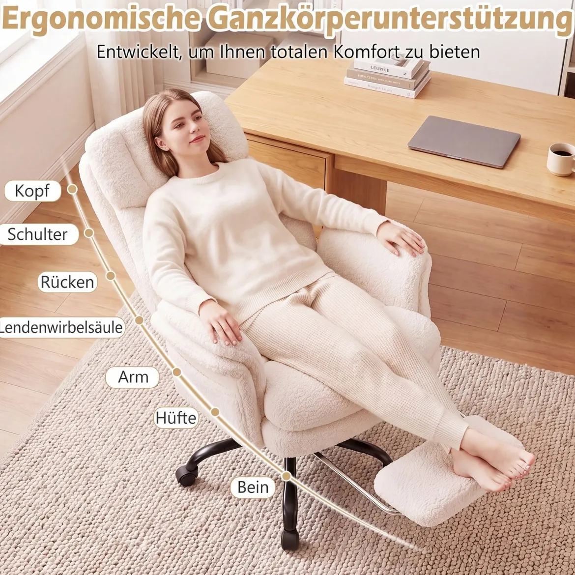 Bürostuhl Ergonomisch Höhenverstellbarer Chefsessel mit 5 Rollen & Ausziehbarer Fußstütze Weiß