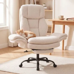 Bürostuhl Ergonomisch Höhenverstellbarer Chefsessel mit 5 Rollen & Ausziehbarer Fußstütze Weiß