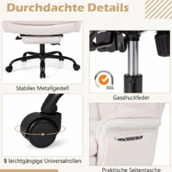 Bürostuhl Ergonomisch Höhenverstellbarer Chefsessel mit 5 Rollen & Ausziehbarer Fußstütze Weiß