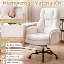 Bürostuhl Ergonomisch Höhenverstellbarer Chefsessel mit 5 Rollen & Ausziehbarer Fußstütze Weiß