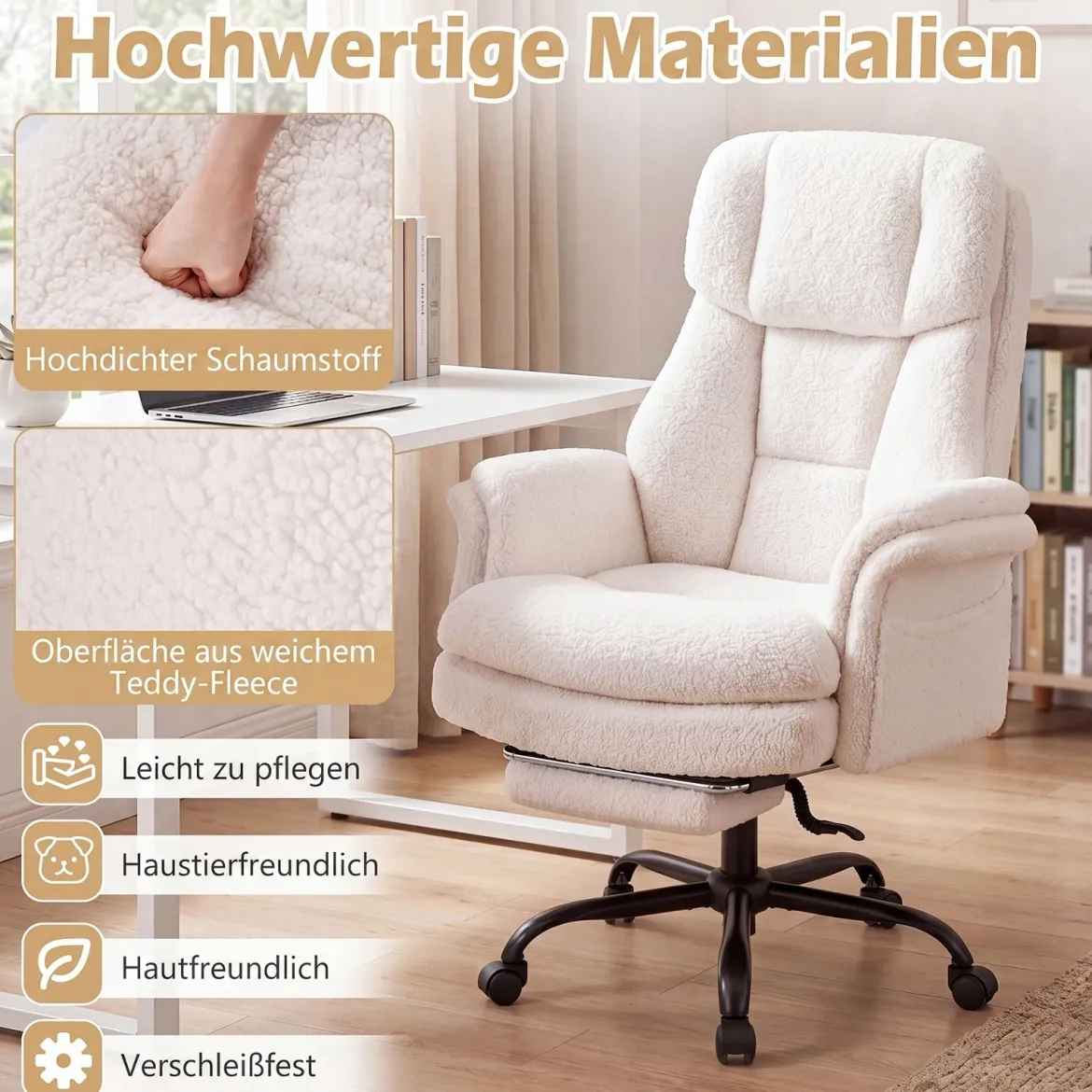 Bürostuhl Ergonomisch Höhenverstellbarer Chefsessel mit 5 Rollen & Ausziehbarer Fußstütze Weiß