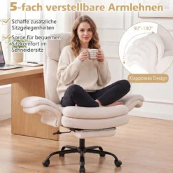 Bürostuhl Ergonomisch Höhenverstellbarer Chefsessel mit 5 Rollen & Ausziehbarer Fußstütze Weiß