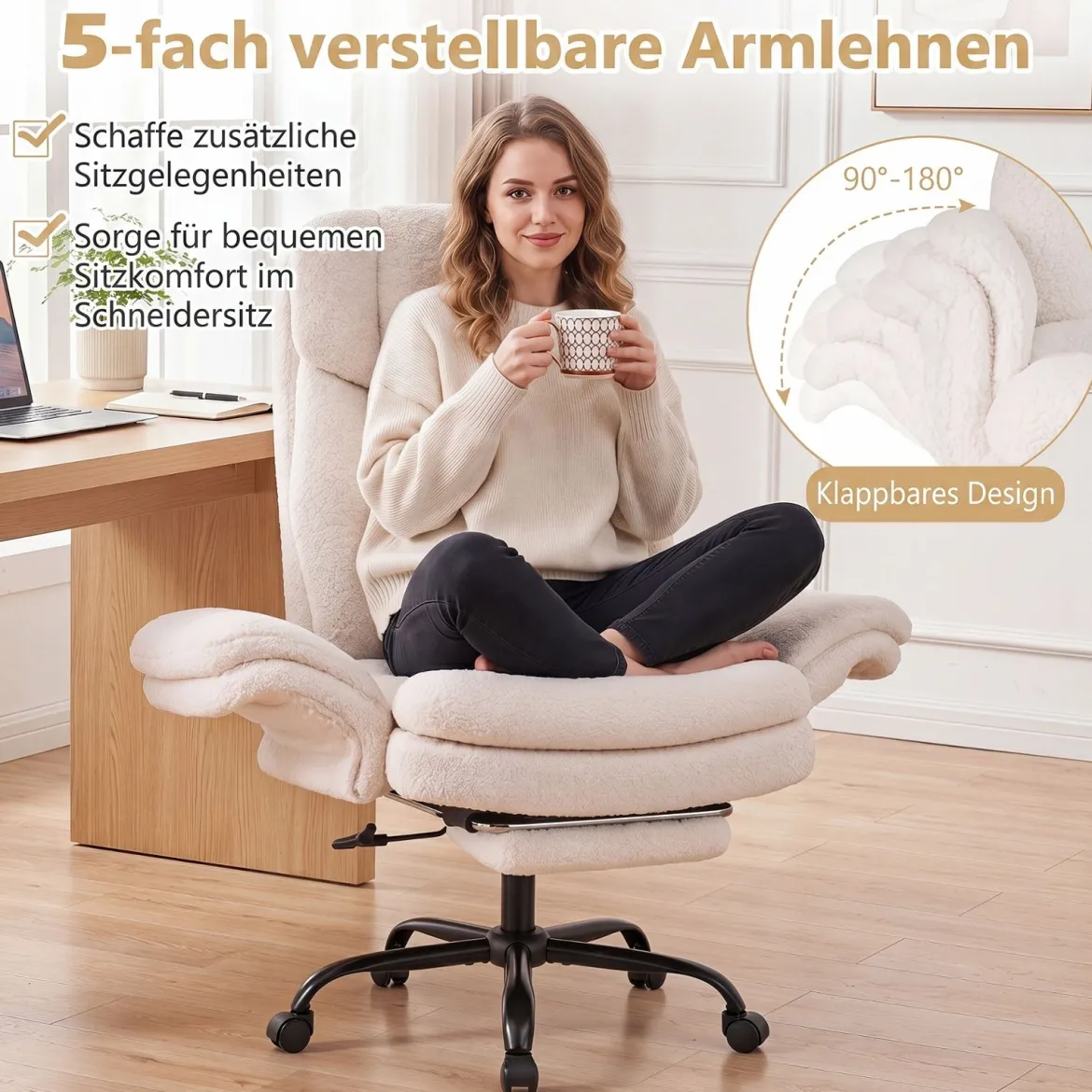 Bürostuhl Ergonomisch Höhenverstellbarer Chefsessel mit 5 Rollen & Ausziehbarer Fußstütze Weiß